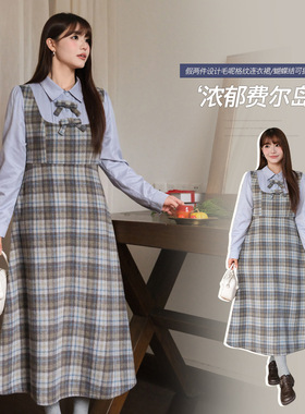 学院风假两件撞色格纹腰连衣裙胖mm大码女装遮肉显瘦裙子65535