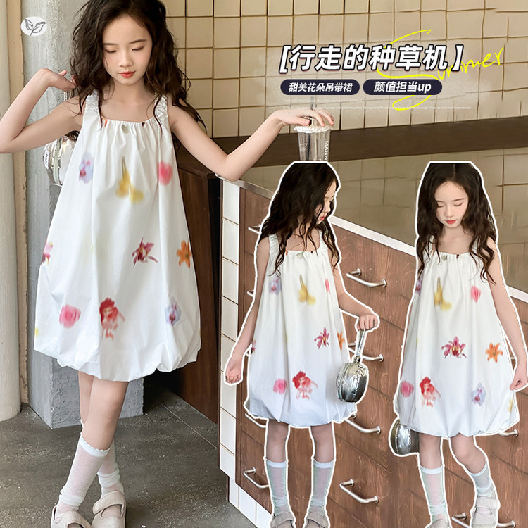 女童连衣裙2025夏季新款可爱印花背心裙中大童花苞裙儿童公主裙潮，童装连衣裙，祺儿童装