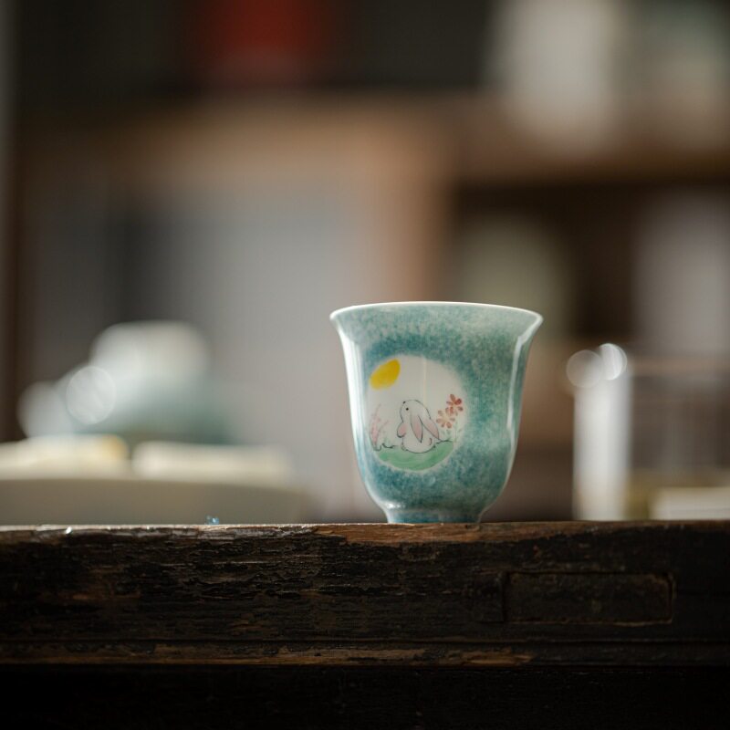 手绘开窗盖碗玉兔望月釉下彩文人拟古陶瓷仿烫家用品茗杯功夫茶具