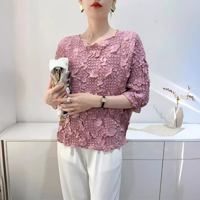 【汉摺】秋季新品绣花上衣女蝙蝠袖褶皱T恤七分袖设计感小众女装