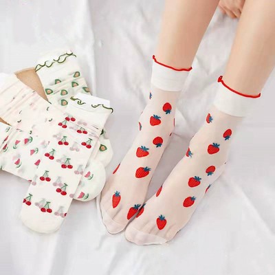 夏季薄款水果中筒丝袜女日系卡通草莓木耳边可爱水晶凉鞋丝袜