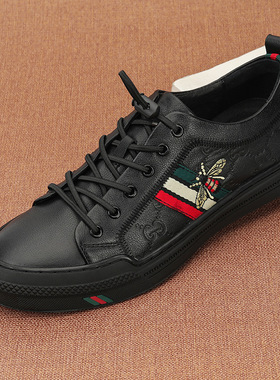 时尚男士头层牛皮蜜蜂电绣板鞋2023新款上线包头舒适真皮绑带鞋