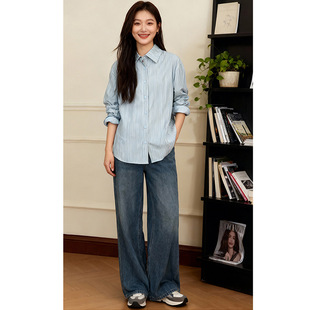 翡格依2026春季新款嘉泽华蓝色条纹衬长袖衫衬衣直筒通勤衬衫女