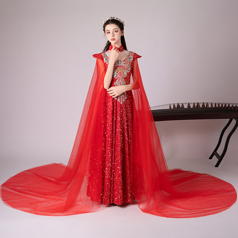 儿童古筝服2025新款红色新中式古典民乐演出服女童飘逸古筝演奏服