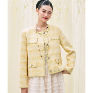 翡格依2026春款法式千金风黄色粗花呢短款小香风外套长袖漂亮上衣