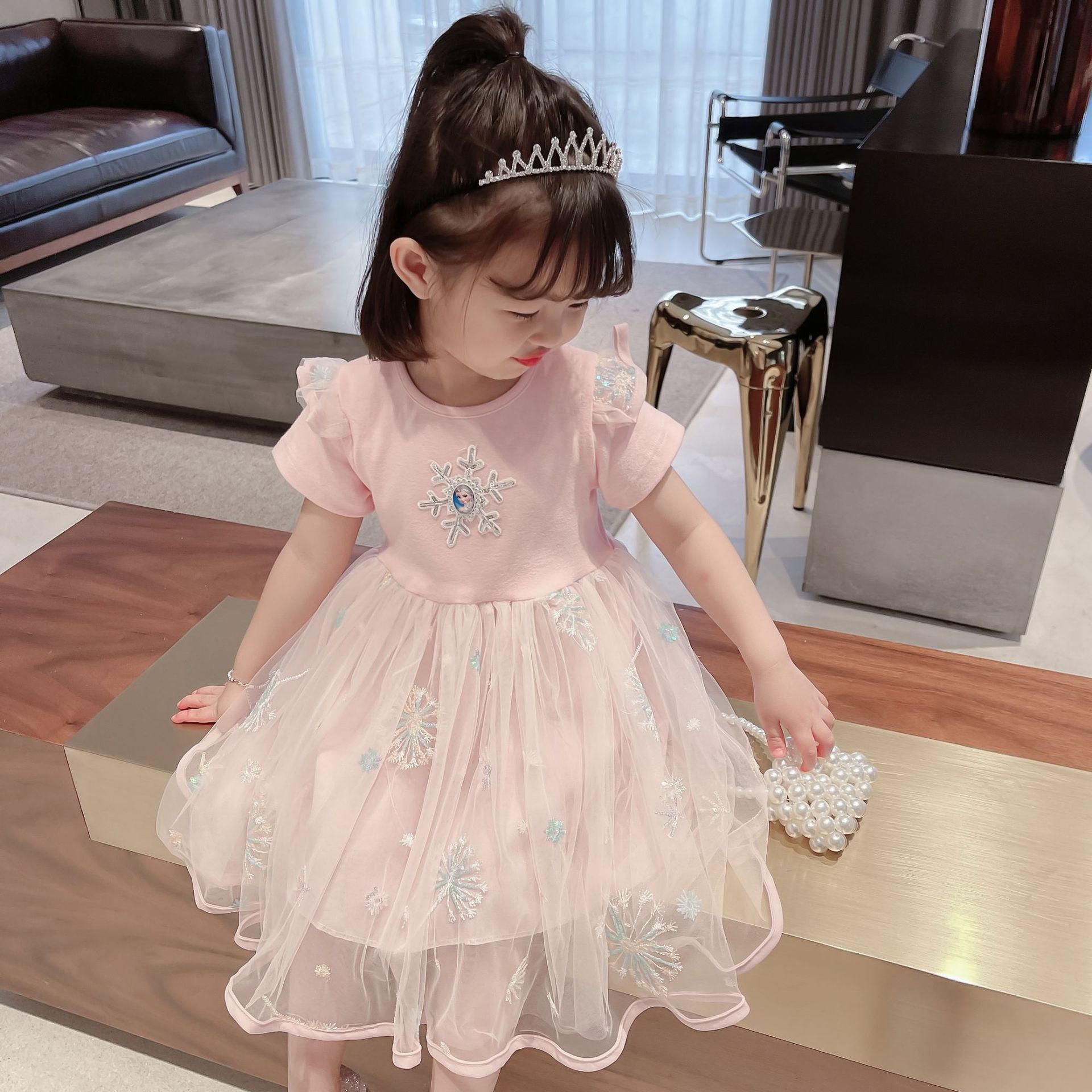 女童爱沙短袖公主裙2025新款儿童夏装纱纱裙子童装连衣裙六一