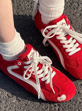 软皮红色德训鞋女复古百搭运动休闲鞋平底苹果鞋透气轻便阿甘鞋潮