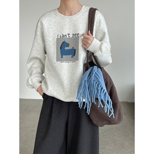 韩系宽松印花加绒卫衣女2026春季 慵懒风休闲圆领套头T恤上衣 新款