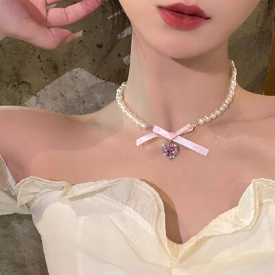 法式粉色爱心蝴蝶结百搭珍珠项链女小众设计感甜美纯欲颈链锁骨链