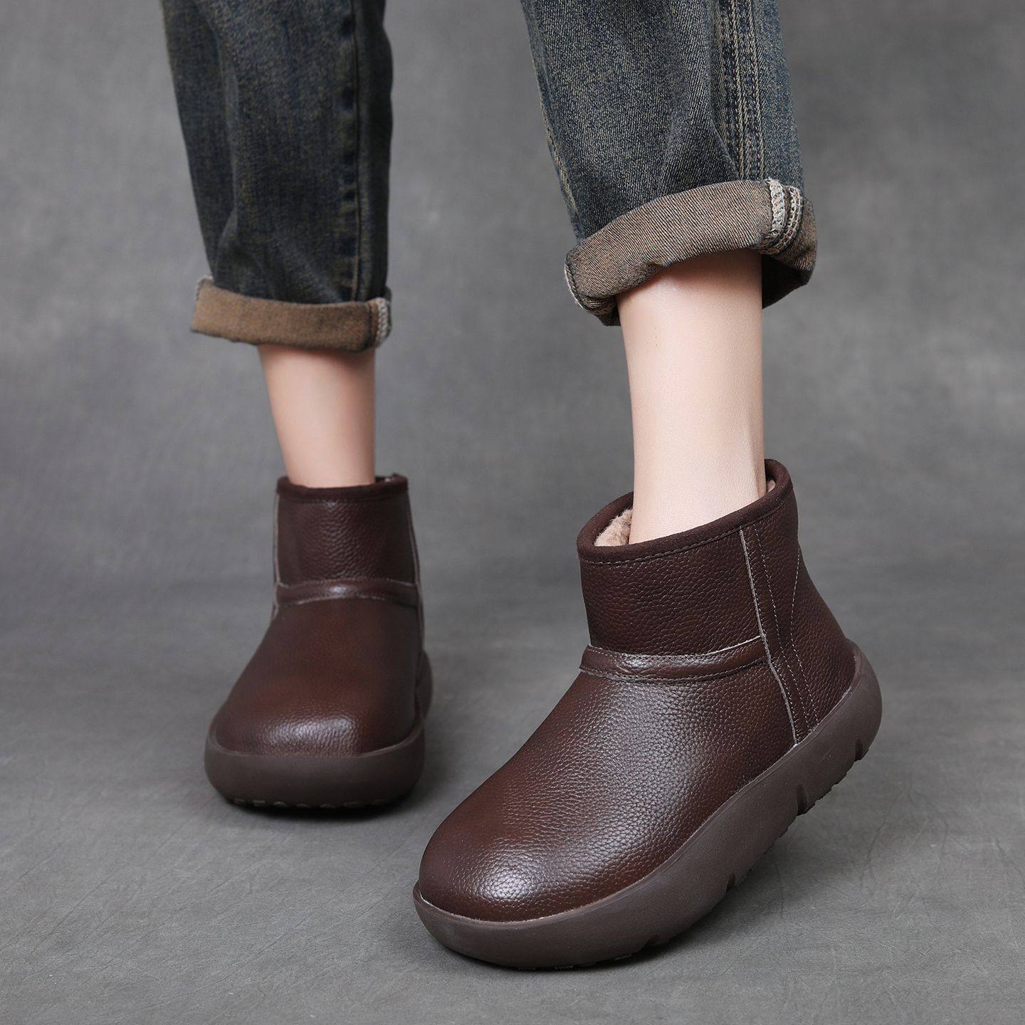 头层牛皮雪地靴女2025冬季新款加绒复古百搭厚底防滑棉靴女小短靴,女鞋,时尚雪地靴,淘宝优惠券,粉丝福利购,淘宝优惠卷