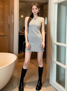 2025夏季新款女装小香风气质修身包臀无袖连衣裙亮片背心裙40095