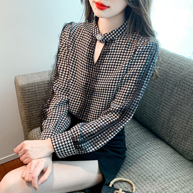 雪纺长袖衬衫女士衬衣2026年打底衫内搭蕾丝格子上衣千鸟格百搭