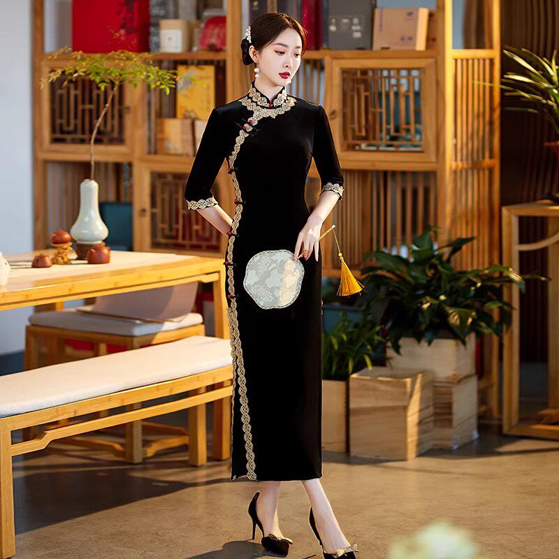 黑色金丝绒国风新中式长款长袖改良旗袍女级感复古走秀款春秋装