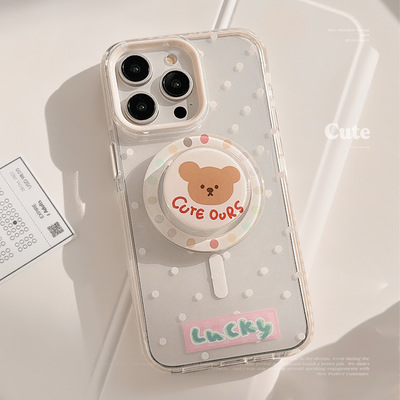 Polka dot cartoon cute bear magnetic bracket clear case适用iphone 11 12 13 14 15 16 17 pro max
