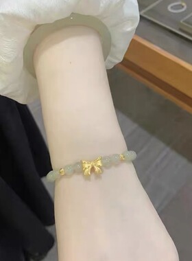 蝴蝶结手链铜镀沙金在逃公主仿和田玉琉璃珠手串串珠送女友