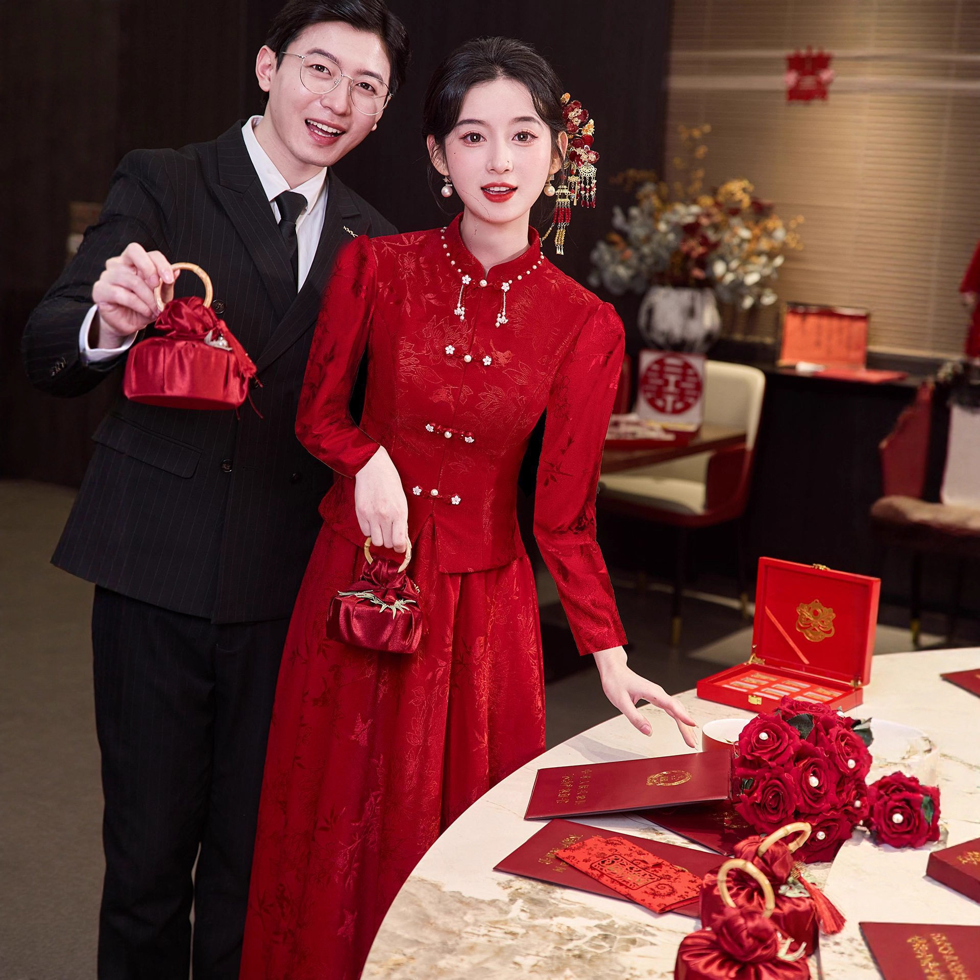 敬酒服新娘订婚2026新款结婚旗袍两件套新中式红色晨袍套装礼服女