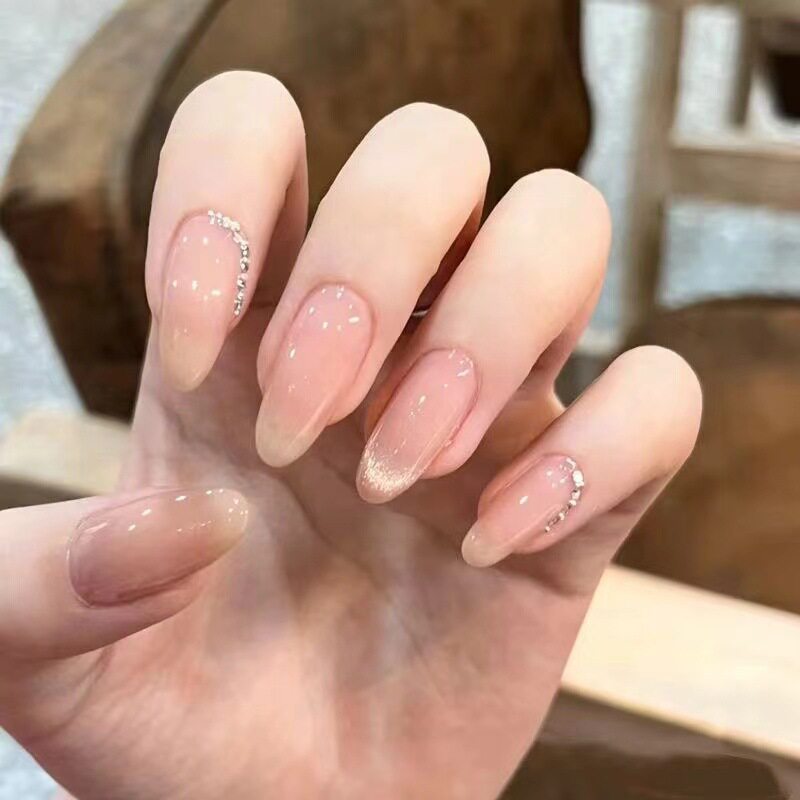 手工穿戴甲2026新年款猫眼裸粉色甄嬛显白中长款杏仁美甲贴片