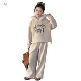 女童加绒套装2025年秋冬新款休闲毛领卫衣阔腿裤两件套中大童时髦，童装休闲套装，祺儿童装