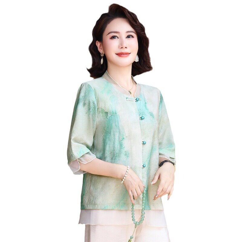 新中式妈妈夏装短袖上衣2024新款小衫洋气宽松中老年女士棉麻衣服