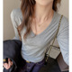 秋冬v领螺纹灰色正肩内搭可外穿长袖 W韩版 莱赛尔天丝女士打底衫