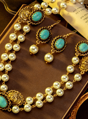 中古vintage复古多层珍珠项链女耳钉狮子头镶嵌蓝松石秋冬毛衣链