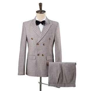 礼服竖条纹双排扣演出西服舞台主持人影楼男装 男士 复古风卡其西装