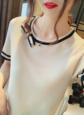 2023夏她的美－不张扬！优雅大气！显气质撞色蝴蝶结针织衫E12186