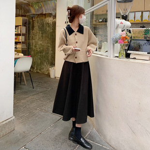 大码胖mm毛呢咖色半身裙女秋冬高腰伞裙百褶a字长裙遮胯裙子