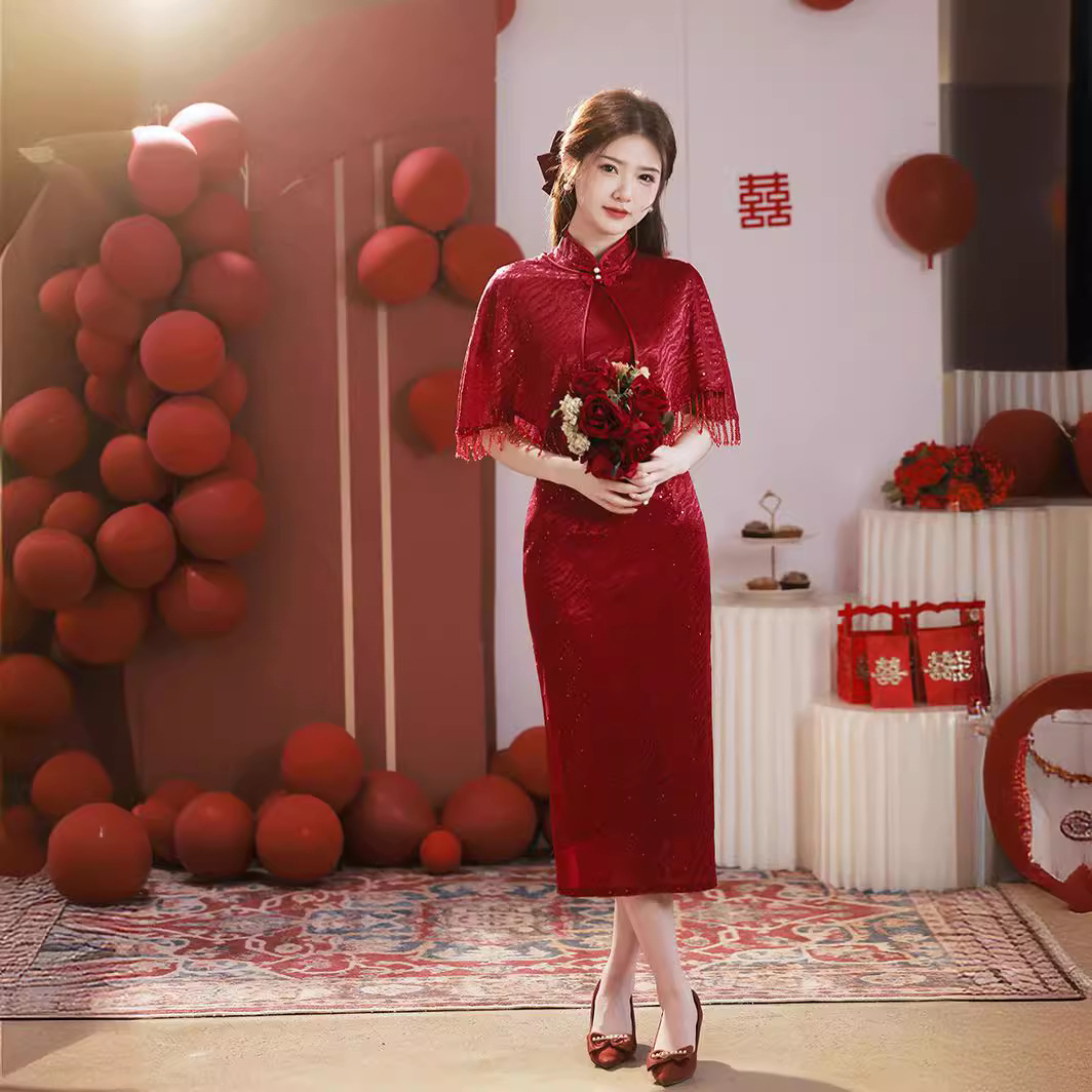 旗袍敬酒服新娘夏季喜婆婆婚宴装结婚礼服妈妈流苏蕾丝披肩两件套