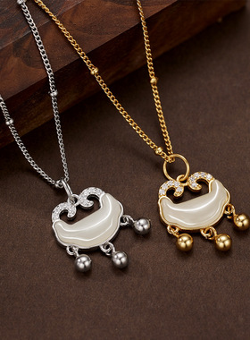 S925纯银镀黄金色首饰平安锁项链岁岁平安和田玉吊坠侧身包珠链女