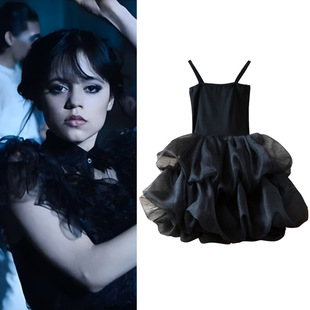 亚当斯一家cos服星期三亚当斯黑色纱裙女童吊带连衣裙 跨境热销