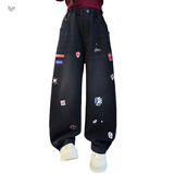 女童2025年冬季新款卡通印花加绒牛仔裤女孩小行星宽松修身阔腿裤，童装裤子，祺儿童装