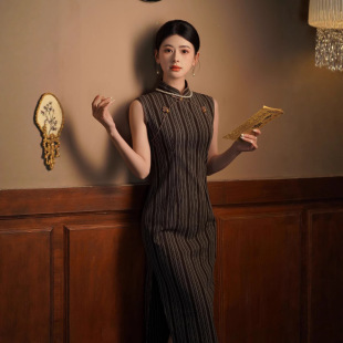 条纹旗袍 荷旗简日常可穿咖色复古女港风改良棉麻无袖 25年夏季 新款