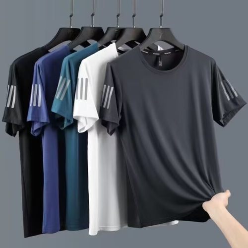 冰丝短袖T恤士夏季宽松大码圆领短袖运动休闲速干上衣百搭款