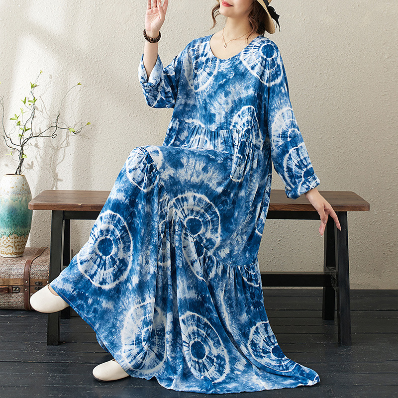 秋季绵绸印花连衣裙褶皱A摆棉