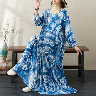 薄绵绸花胖mm圆领扎染蓝长袖 宽松显瘦大摆A字连衣裙女 新款 25秋季