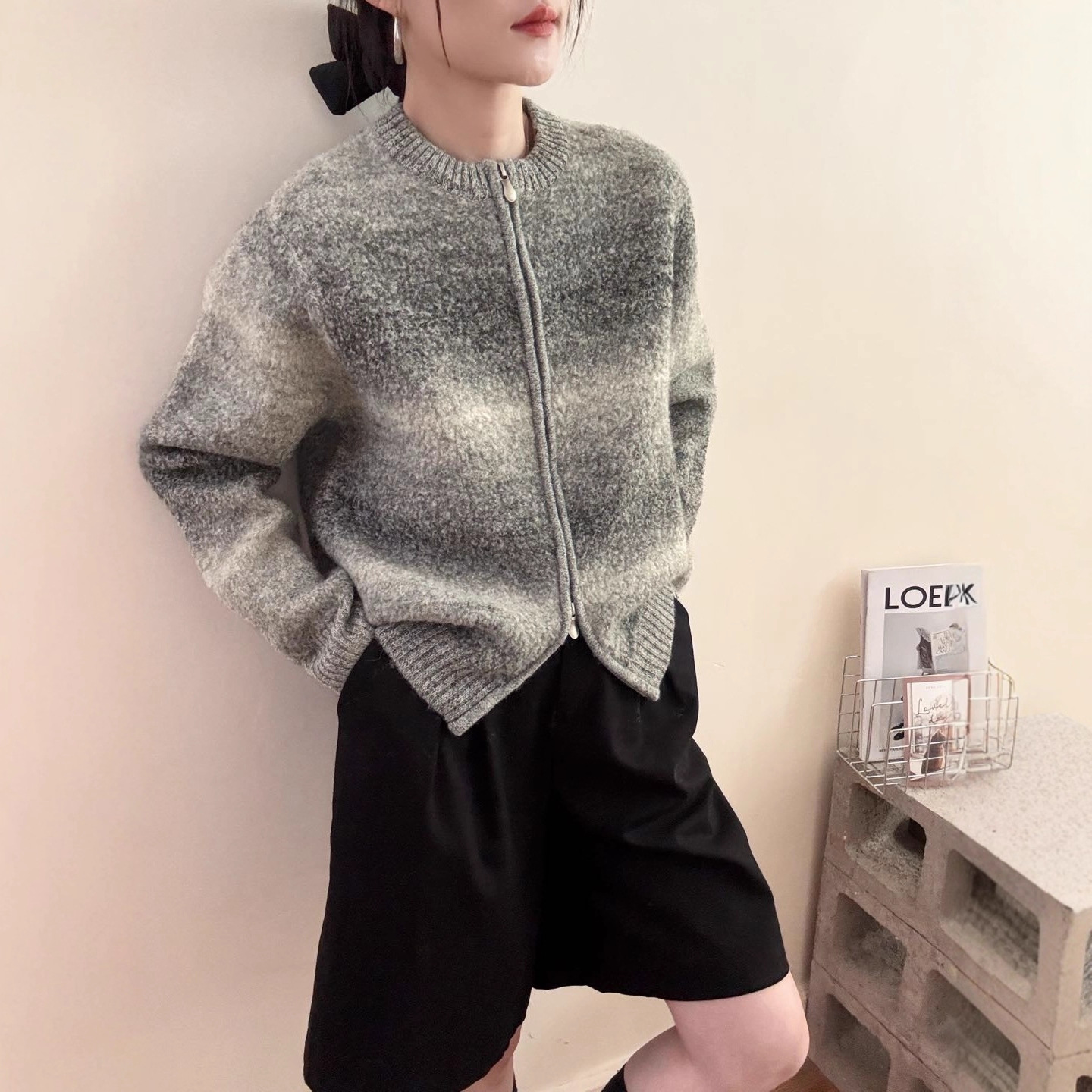 渐变色圆领双拉链针织开衫宽松显瘦毛衣外套上衣~秋冬