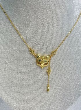 s925纯银镀黄金色假面具狐狸项链女小红书爆款古法鎏金錾刻锁骨链