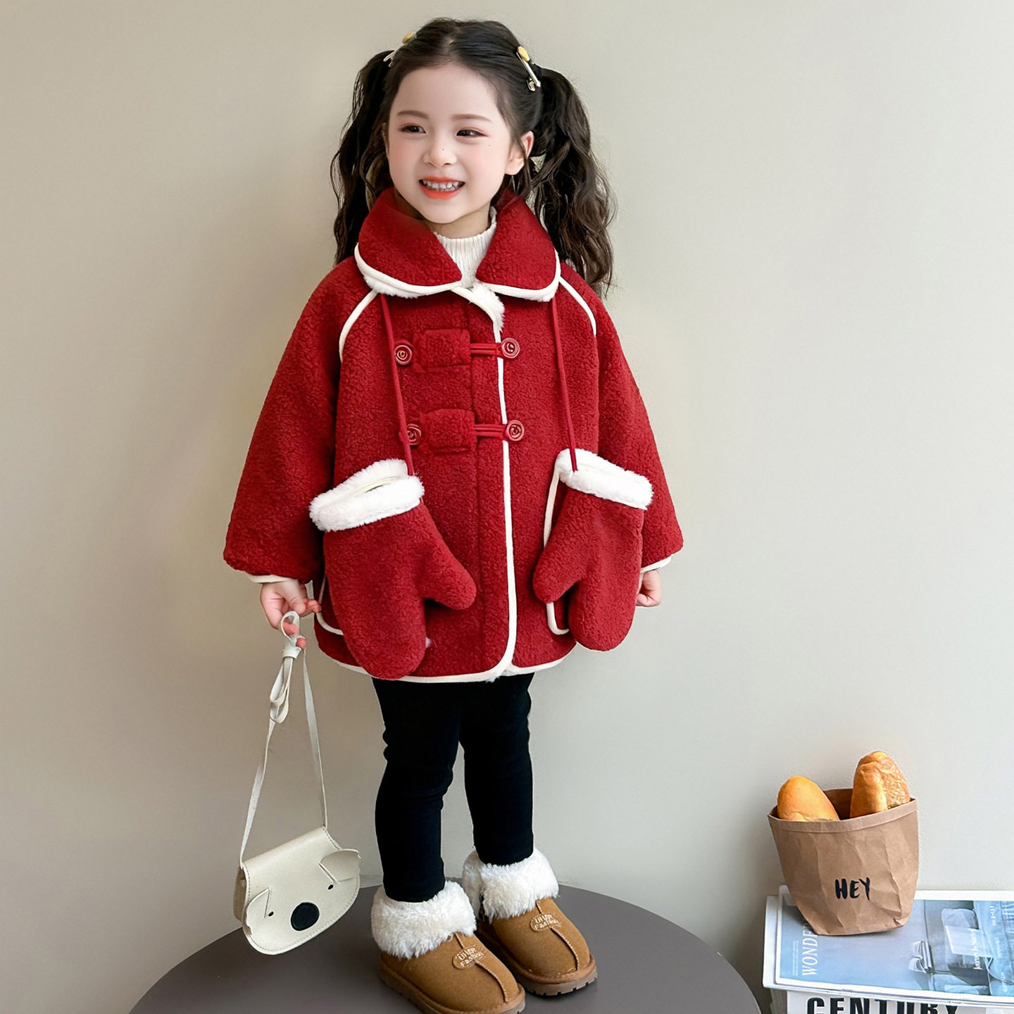 女童呢子外套秋冬款2025新款冬季儿童拜年服女红色加绒呢大衣，童装外套，祺妙童装