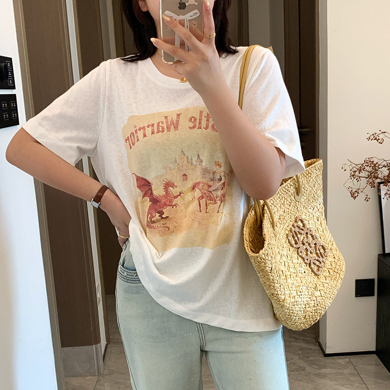 加肥加大200斤大码女装微胖胖mm夏季上衣复古印花圆领短袖t恤衫