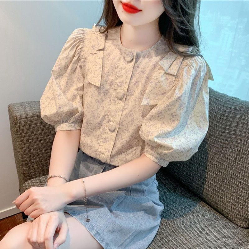 清新碎花泡泡袖衬衣女2024春夏季新款法式设计感显瘦龄上衣女装