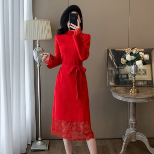 大码女装秋冬季针织连衣裙女气质名媛小香风级感内搭红色毛衣裙