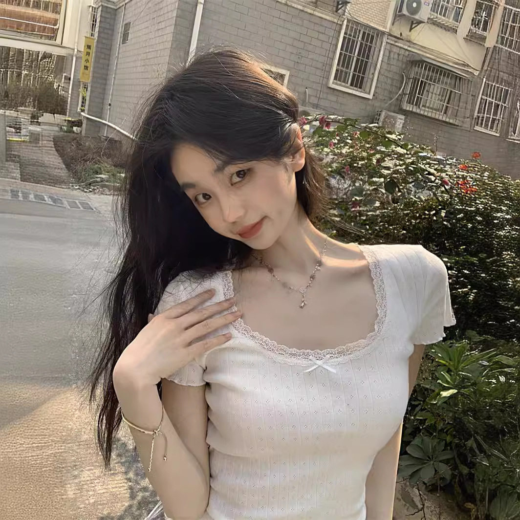 纯欲白色蕾丝修身打底衫女新款春夏季紧身短款内搭短袖T恤上衣ins