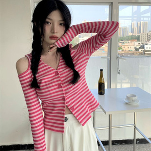 辣妹上衣ins 韩系新款 设计感小众撞色条纹露肩针织开衫 秋季 V领短款