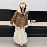 女童加厚外套2025秋冬新款中大童皮毛一体棉衣洋气保暖夹克衫冬装，童装外套，祺儿童装