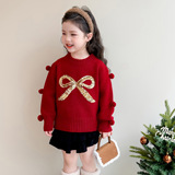 女童毛衣秋冬季2025新款洋气时髦儿童加厚冬装女蝴蝶结针织衫P75，童装毛衣，祺妙童装