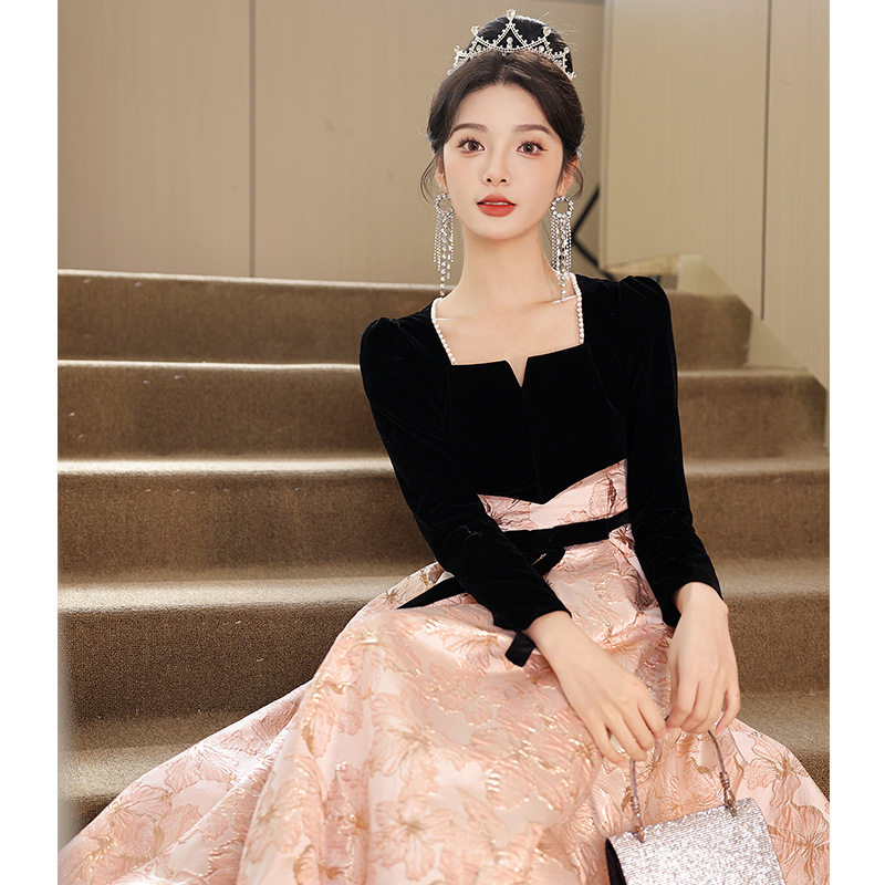 晚礼服裙女宴会2026新款轻奢小众主持人法式氛围感年会长袖晚礼服