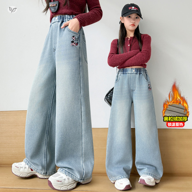 女童加绒牛仔裤2025年秋冬新款中大童卡通刺绣阔腿裤浅蓝色直筒裤，童装裤子，祺儿童装