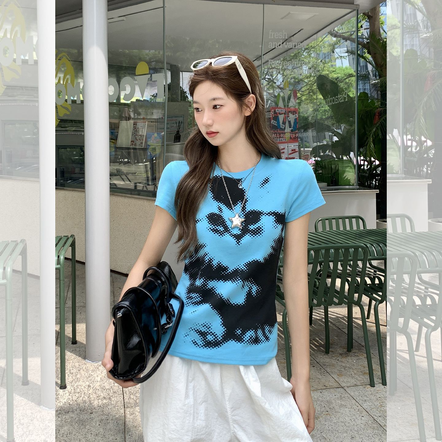 复古蓝色猫咪印花短袖t恤女夏季2025年新款辣妹圆领修身收腰上衣