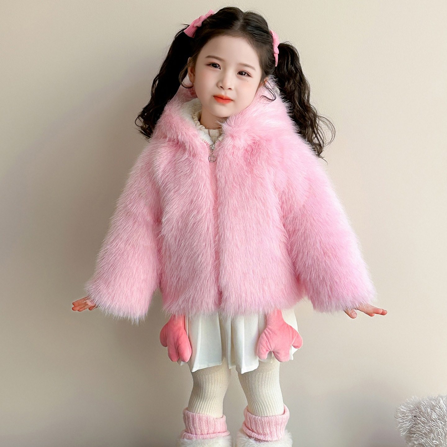 女小童冬装加绒可爱小鸭仿皮草毛毛衣2025新款小女孩洋气加厚外套，童装外套，祺妙童装